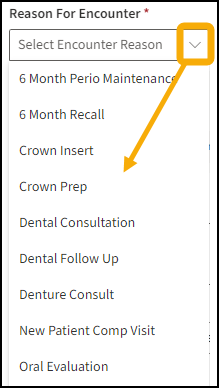 Reason for Encounter with a yellow highlight box around the drop down menu arrow with a yellow arrow pointing downwards to the selection options.